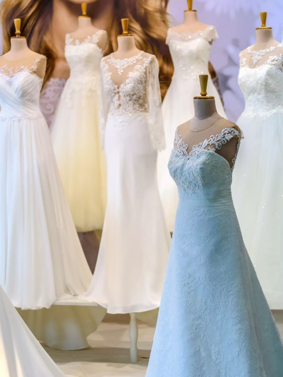 Verschiedene Brautkleider in Weiß- und Blautönen auf ausgestellten Mannequins